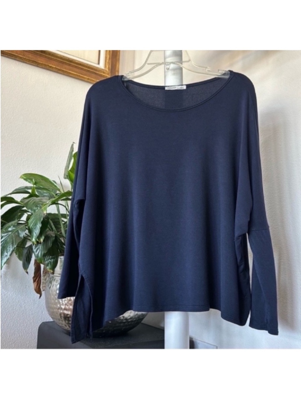 Zara Navy Blue Top/Shirt Sz M Long Sleeve Boatneck Drop Shoulder Boxy